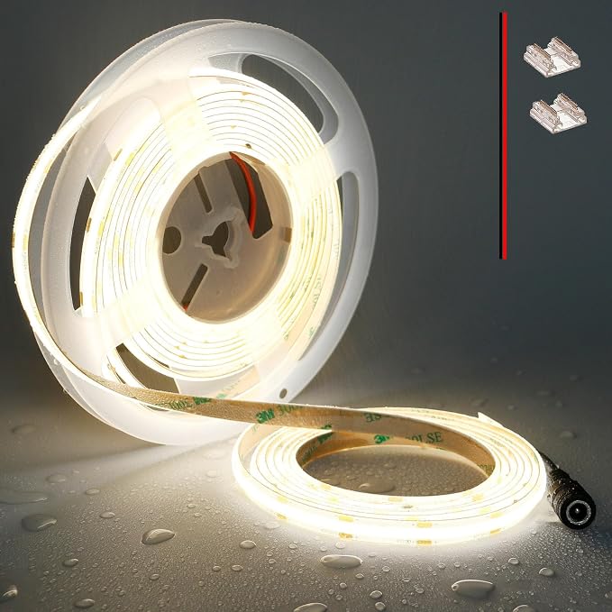 TOPAI 12V COB LED Strip 4000K Natural White 16.4ft Dotless IP65 Waterproof | High Density 480LEDs/M, CRI>90 4000Lm, Cuttable, Flexible, Self Adhesive Easy Install for Bedroom, Cabinet
