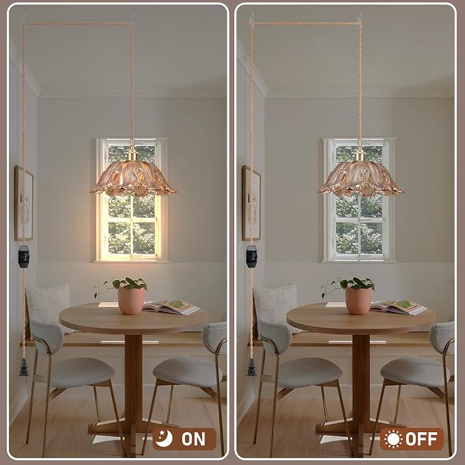 Plug in Pendant Light Fixtures,Hanging Light Fixture Amber Glass Pendant Light 10.6in E26 Pendant Lighting for Kitchen Island, Bedroom, Dining Room, Living Room 2pack