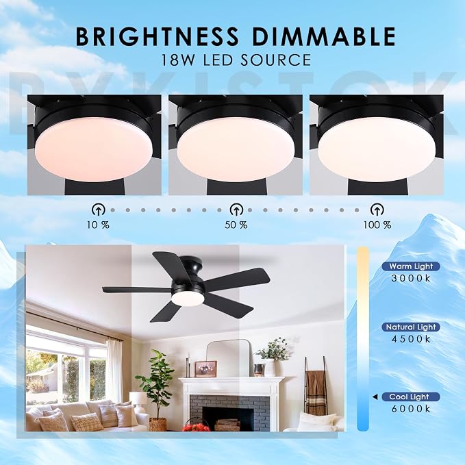 41 inch Ceiling Fans with Lights, Black Flush Mount Ceiling Fan with Remote, 3CCT, LED Dimmable, Reversible, 6 Fan Speeds, Quite Low Profile Ceiling Fan with Lights Modern Bedroom Kitchen Indoor
