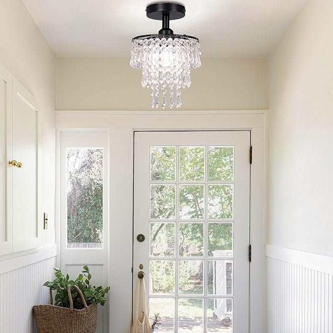 FRIXCHUR Small Crystal Chandelier Flush Mount Ceiling Light 3 Tiers Raindrops Crystal Chandeliers for Bedroom Hallway Foyer Living Room Entryway Closet,Black