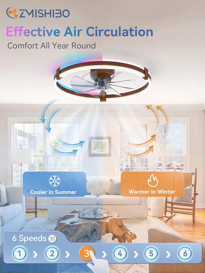 ZMISHIBO 23" RGB Low Profile Ceiling Fans with Lights and Remote, Walnut | Custom RGB+3CCT Dimmable, 6 Speeds, Remote/App Control, Reversible DC Motor, Memory, Timer, Modern Fandelier for Kids/Bedroom