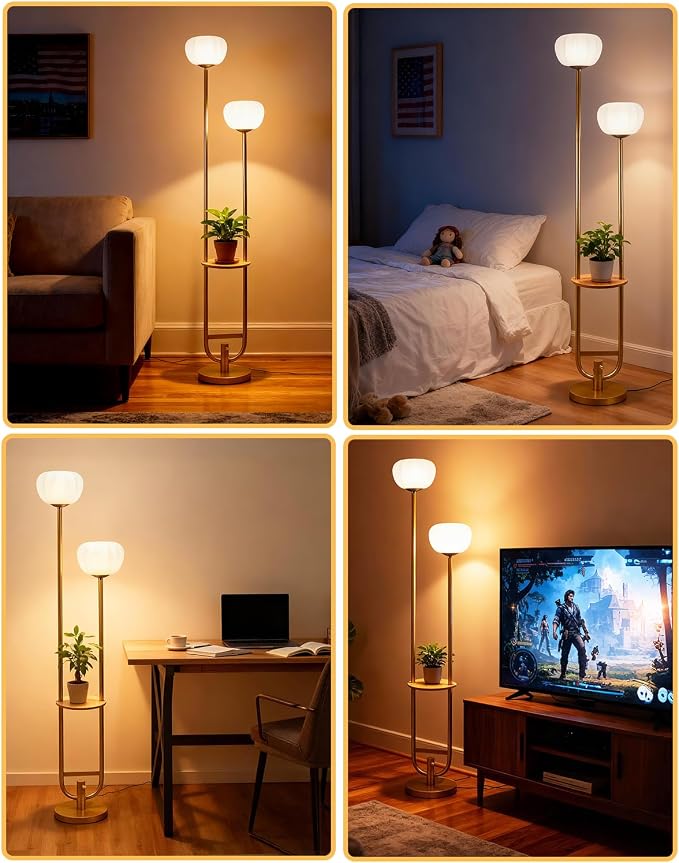 Lightdot 63IN Gold Floor Lamp Dimmable Standing Lamps with Tray Pumpkin Bulbs Included Unique U-Pole Mid Century Modern Tall Lamp with 5Lbs Heavy Base for Living Room/Party/Sofa Beside/Corner Decor