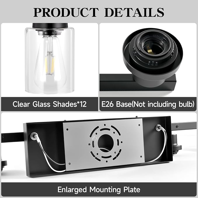 12 Light Bathroom Light Fixtures, Black Bathroom Lighting Fixtures Over Mirror Matte Black Modern Vanity Lights Wall Lighting for Mirror Bedroom, Living Room (78.7inch)