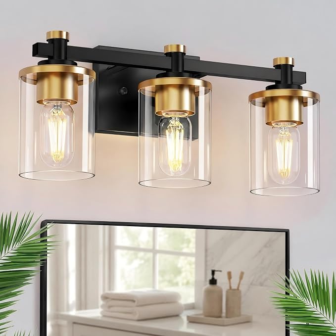 Bathroom Light Fixture, Bathroom Vanity Light Over Mirror, 3-Lights | Vanity Lights for Bathroom, Modern Lighting Fixtures with Clear Glass Shade, Black and Gold Vanity Lights, ETL Listed