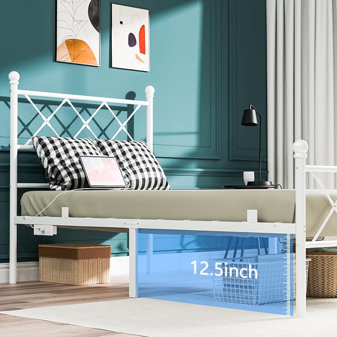 VINGLI Twin Bed Frame with LED Lights & Charging Station, Metal Platform Bed Frame with Headboard, USB Ports, Under Bed Storage, Noise Free, No Box Spring Needed, Easy Assembly, White