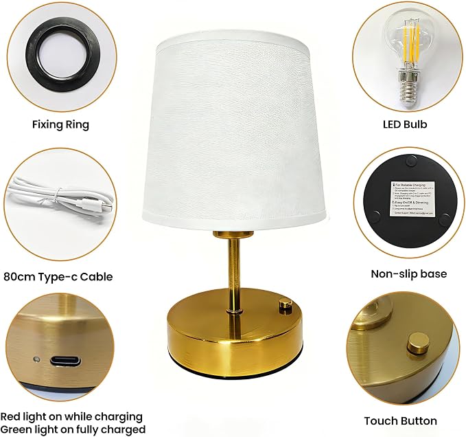 Gold Portable Cordless Table Lamp, Rechargeable Bedside Lamp, Mini | 3000mAh battery, touch stepless dimming, 2700K warm light, fabric shade and USB-C charging for bedroom, nightstand and desk.