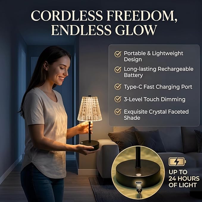 Black Cordless Table Lamp Rechargeable,Small Battery Powered Lamp 5000mAh,Mini Wireless Table Lamp for Restaurant Dining Tabletop/Kitchen Counter Top/Bathroom Shower/No Cord Touch Lamp Decorative