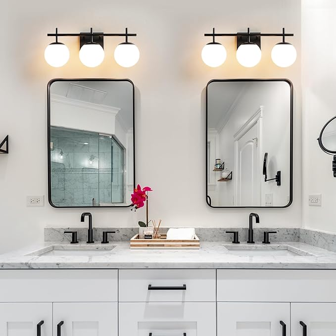 Black Bathroom Vanity Light, 3-Light Bathroom Lighting Fixtures Over Mirror with Milky White Globe Glass Shade, Mid Century Modern Vanity Lights Fixture Over Mirror 22.4 Inch