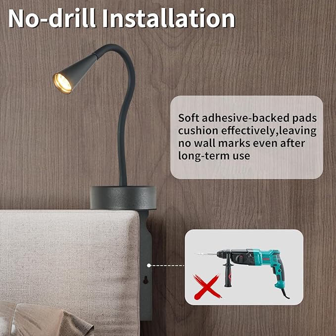Black Headboard Reading Light 2 Pack, No Drilling Wall Mounted Reading Lights for Bedside, Buttonless Dimmable Reading Lamp for Bedtime Reading, Movable 720 Adjustable Reading Sconces for Bedroom