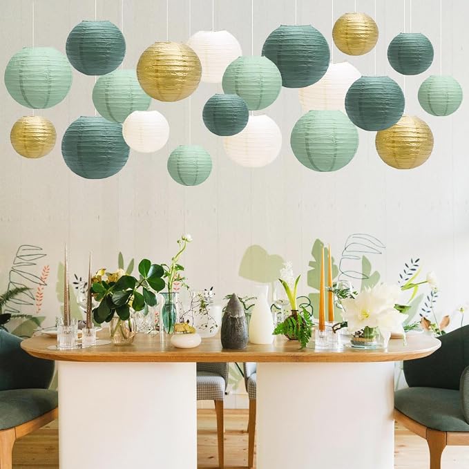 Paper Lanterns Party Decorations, Hanging Round Chinese Lanterns for Graduation Baby Shower Sage Green Birthday Decorations Pack of 20 Sage Green Gold