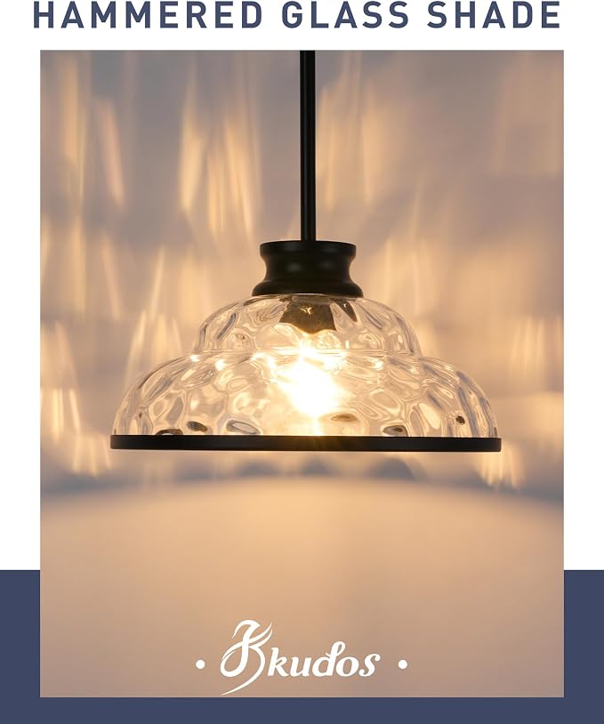 kudos 11" Black Pendant Lights with Clear Hammered Glass, KDPL14-BK-H-2PK | E26 Bulb Base, Hardwired, Farmhouse Styling, Adjustable Hanging Rods for Flat or Sloped Ceilings, for Kitchen Bars