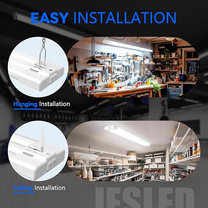 JESLED 4FT LED Shop Lights, 4000K/5000K/6500K Selectable, 30W/40W/50W Adjustable, 5400-7500LM, Commercial Linkable Utility LED Light for Garage, Plug and Play, Ceiling & Suspension Mount, ETL,2P