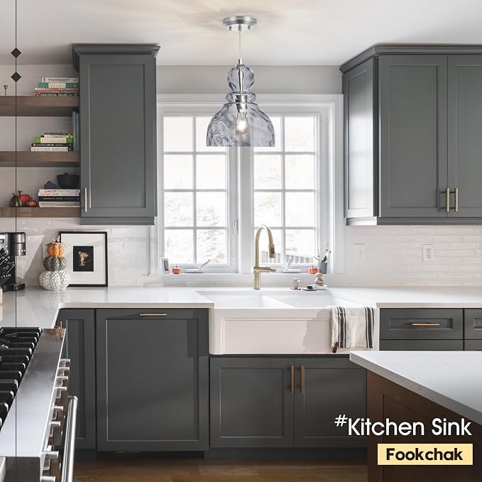 Hammered Glass Pendant Light Smoked Grey Kitchen Island Lights 10in Large Chrome Pendant Hanging Light for Dining Room Kitchen Sink Hallway Entrance, E26