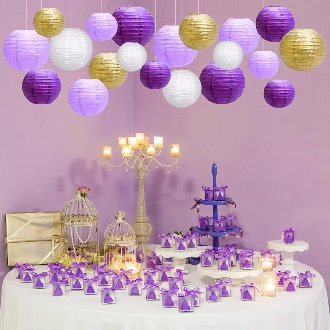 Paper Lanterns Party Decorations, Hanging Round Chinese Lanterns for Graduation Bachelorette Purple Birthday Decorations Pack of 20 Purple Gold