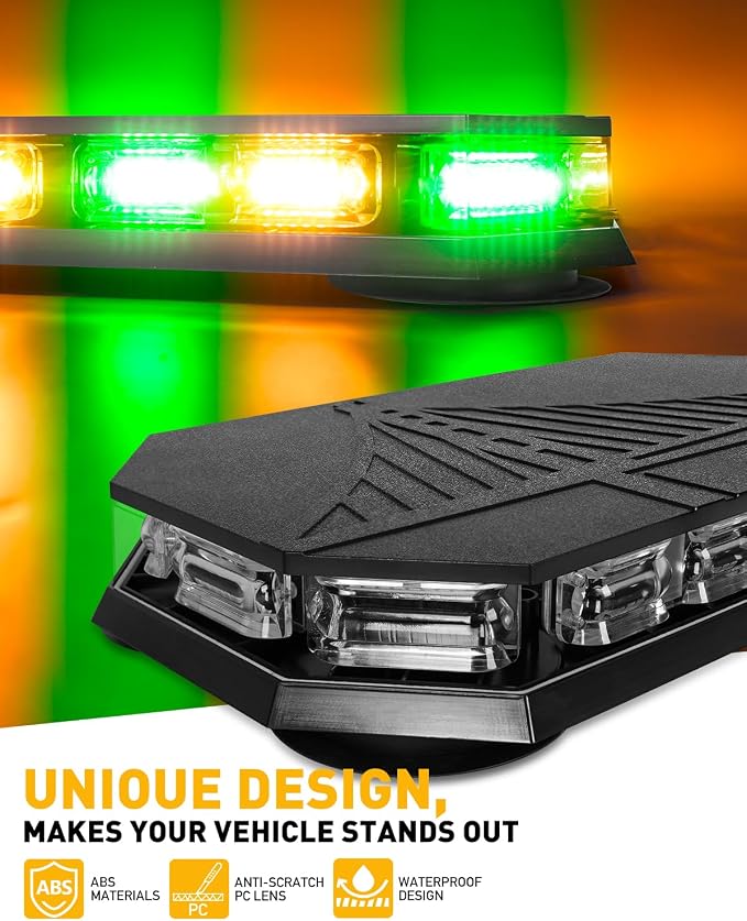 HLauto 406D Rooftop Emergency Strobe Lights Bar, 102 LED Amber Green Mini Beacon Safety Flashing Warning Traffic Lights Bar w/Magnetic Base for 12-24V Trucks, Construction Vehicles, Snowplow, Cars
