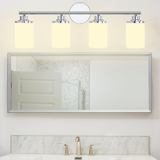Chrome Mid-Century Modern Bathroom Sconce with Frosted Glass, 4-Light Vanity Lights Over Mirror