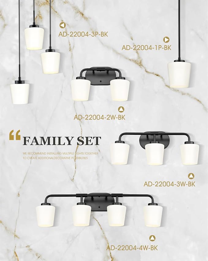 2-Light Black Bathroom Light Fixtures Over Mirror | Vanity Lighting Fixtures with Milk White Glass, Vintage Farmhouse Wall Sconces Lighting, AD-22004-2W-BK