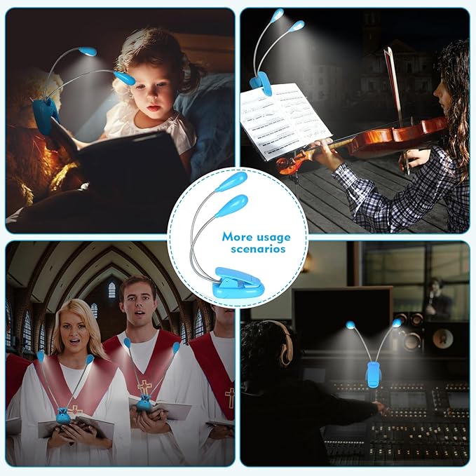 TEECOO Music Stand Light, Clip on LED Book Lights, USB and AAA Battery Operated, Reading Lamp in Bed, 4 Brightness Levels, Ideal for Musician, Piano Player, Travel (Dual Arm, Blue)