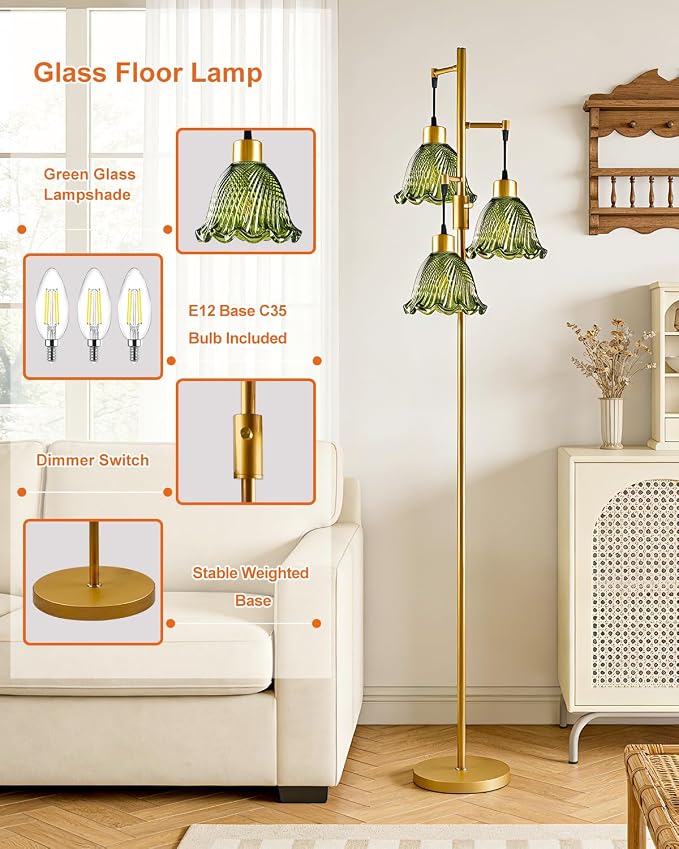 Lightdot Glass Floor Lamps for Living Room, 3-Light Dimmable Floor Lamp with Green Glass Shade& E12 Bulbs Included, Mid Century Standing Tall Lamp with 5Lbs Heavy Base for Bedroom/Sofa Beside-Gold