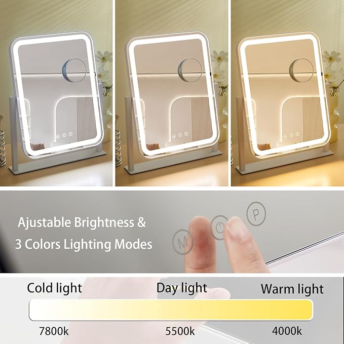 HIEEY Vanity Mirror with Lights, Three Color Lighting Modes, and 5X Magnification Mirror, Smart Touch Control, 360°Rotation (16.73" x 13.38" White,Gift Box)