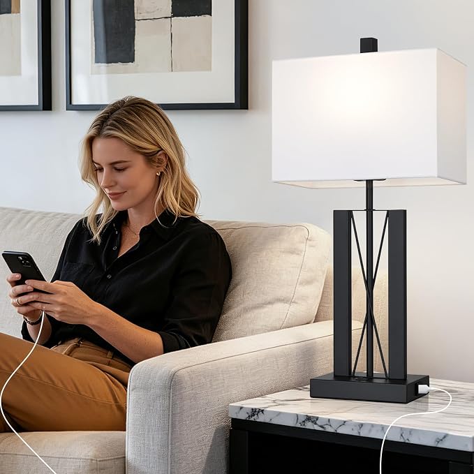 Lolikit 25" Modern Table Lamp for Living Room,Bedside Lamp for Bedroom | 2 USB Charging Ports,White and Black,Geometric Industrial Contemporary,LED Bulbs Shade Included,Bedrooms,Nightstand,End Table