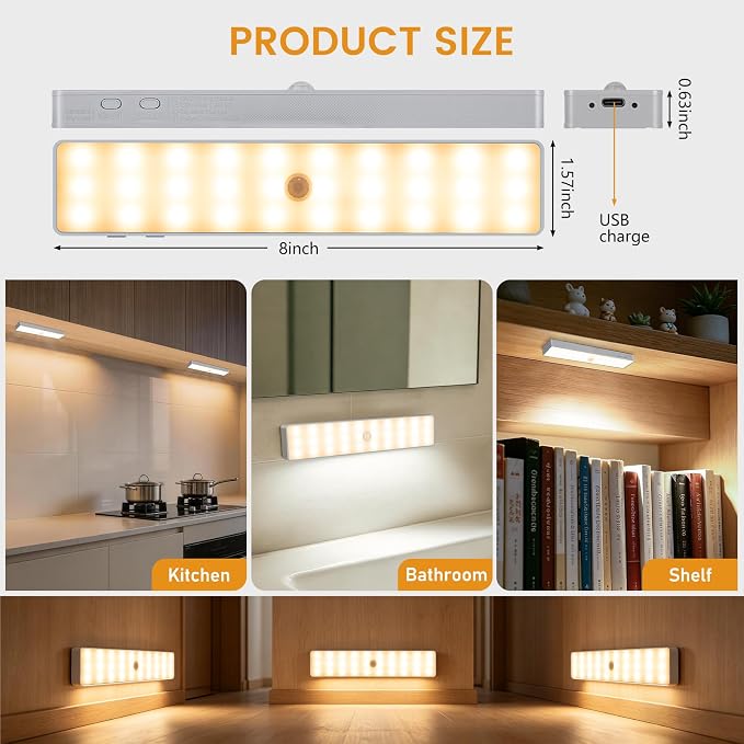 Racokky Under Cabinet Lighting with Remote, Motion Activated RV Step Light | 2 Pack 30LEDs 8'' Rechargeable Closet Lights, Dimmable Night Bar, Magnetic, Timer, for Kitchen Wardrobe Stair Motorhome