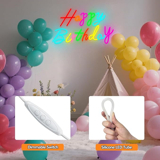 Happy Birthday Neon Sign, 21.7 x 13 Inch Neon Signs Large Size, Colorful Happy Birthday Neon Light, Big Birthday Neon Lights for Bedroom Bar Cafe Party Any Ages Bday Celebration Decoration