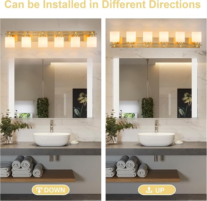 Modern Bathroom Light Fixtures Over Mirror, Vanity Lights for Bathroom Wall Sconces with Milky White Glass Shades, E26 Socket (Bulbs Not Included), 6 Light, Brass