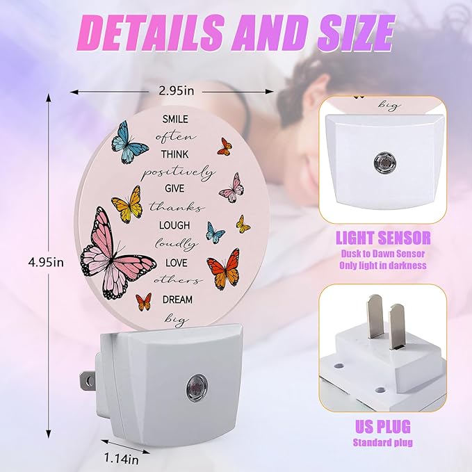 Butterfly Night Light Inspirational Quote Night Lights LED Lamp Round Plug into Wall Nightlight with Dusk to Dawn Sensor Home Hallway Stairway Kitchen Decor