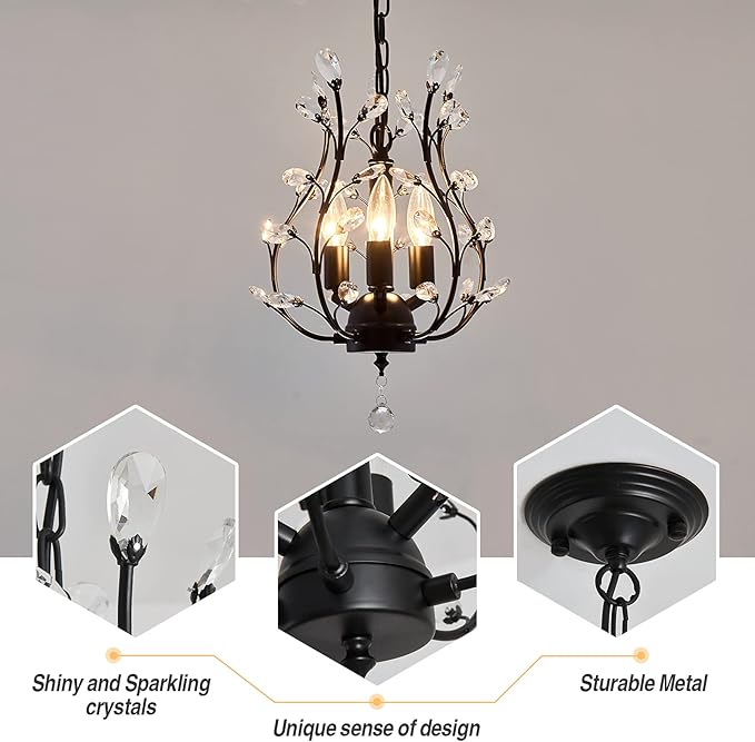 CVKASH 3 - Light Branch Crystal Chandelier Small Flush Mount Vintage Pendant Hanging Lighting Farmhouse Light Fixture for Bedroom Porch Dining Room Kitchen Hallway Foyer(Matte Black)