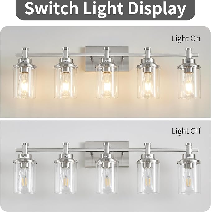 5 Lights Bathroom Light Fixtures, Brushed Nickel Vanity Light with Clear Glass Shade,Modern Wall Sconce for Mirror Bedroom Hallway Farmhouse Kitchen