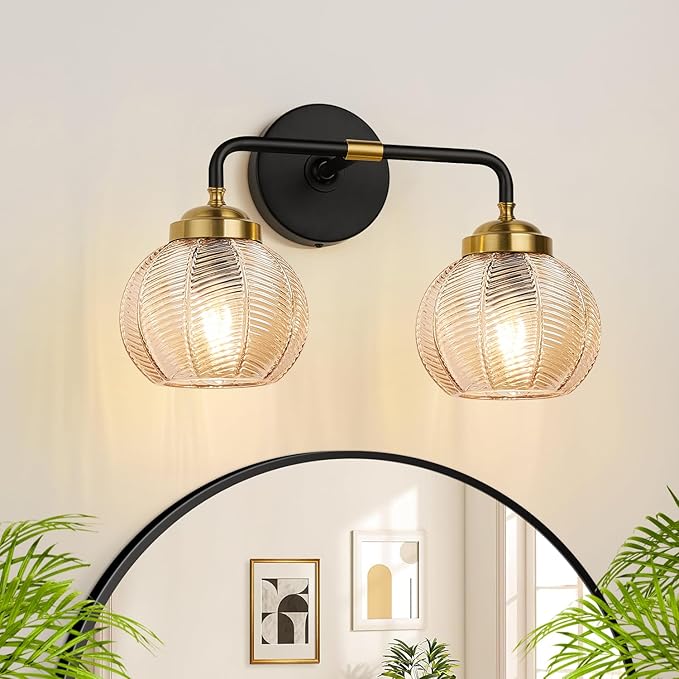 MOKATNG Bathroom Light Fixtures, 2-Light Amber Vanity Lights with Unique Leaf Texture Glass Shade, Modern Matte Black and Gold Bathroom Wall Lamp for Mirror Hallway Cabinet Living Room