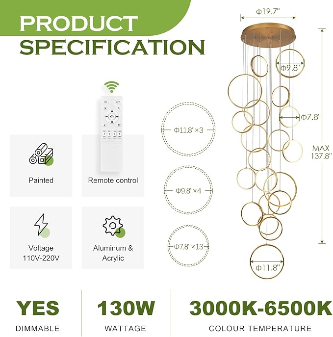 20 Ring High Ceiling Chandelier Foyer, Gold Modern LED Large Staircase Long Chandeliers Light Fixture with Remote for Staircase Entryway Living Room Dining Room(118in, 3000K-6500K)