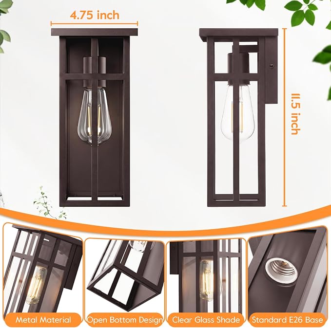 Outdoor Wall Light Fixtures, Modern Brown Porch Wall Lanterns | Waterproof Construction & Durable Metal, Rust-Resistant, Quick & Easy Installation, Clear Glass Shades & Standard E26 Socket