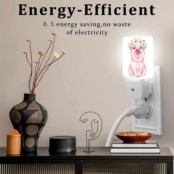 Watercolor Flower Pig Night Light, Plug-into Wall Cute Animals Nightlight Lamp with Dusk to Dawn Sensor, Led Lamp 0.5W Energy Efficient for Boys Girls Adults Home Decor