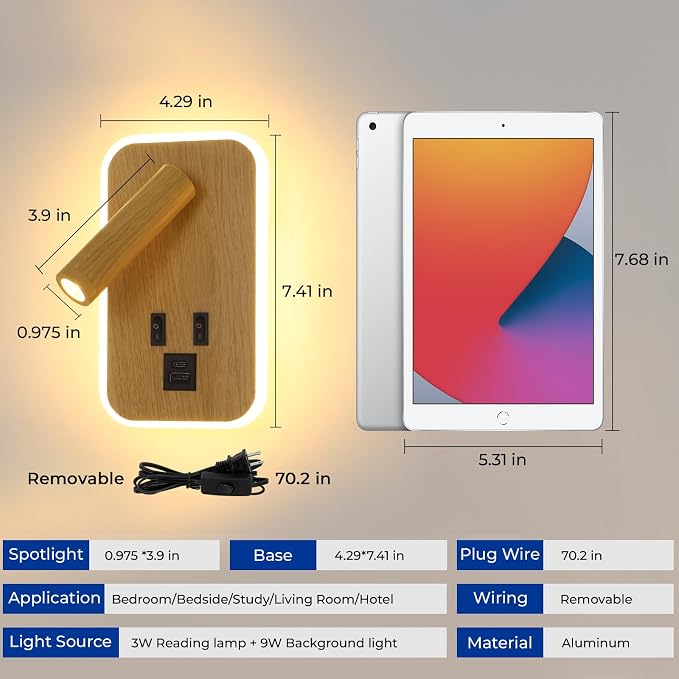 Wall Mounted Reading Lights with Wall Sconce Plug in&Hardwired | Wall Lights for Bedroom with USB C+A Ports, Bedside Lamp with 9W Night Light, Wood Color Reading Light Adjustable 350°Angle