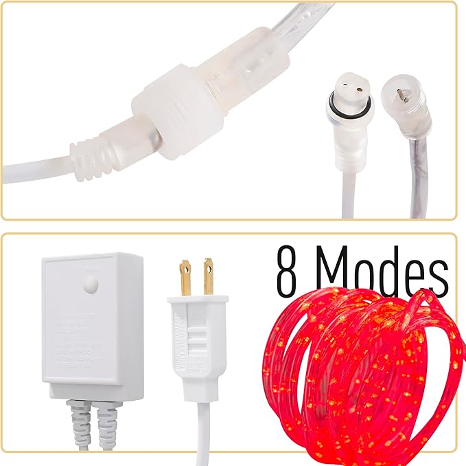Waterproof LED Rope Lights, Connectable & Flexible with 8 Modes, Outdoor Lighting for Deck, Garden, Pool, Patio & Christmas Decor Transparent Tube (Red, 50ft)