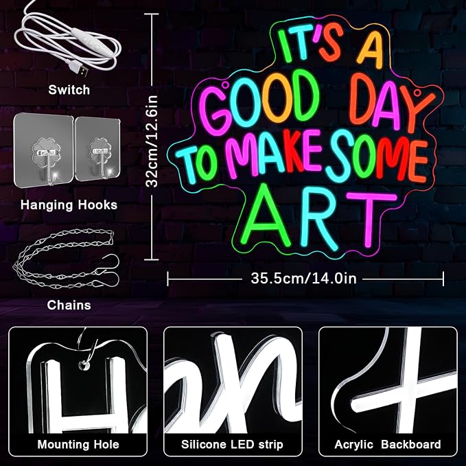 It's A Good Day to Make Some Art Neon Sign for Wall Decor Classroom Neon Sign Paint Neon Light Aristic LED Sign Dimmable Colorful Letter Neon Light for Classroom Bedroom Home Gallery Studio