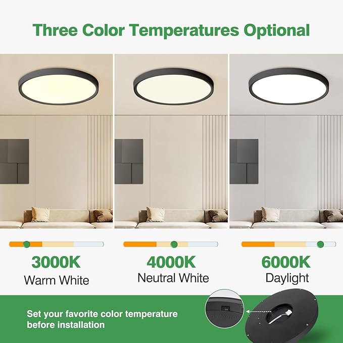 2 Pack 24 Inch Large LED Flush Mount Ceiling Light, 50W,5480LM, 3000K/4000K/6000K CCT Selectable,Black Round Flat Panel Low Profile Ceiling Light Fixtures for Hallway, Kitchen, Bedroom, Laundry Room