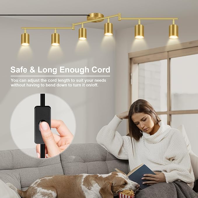 Plug in Track Lighting LED, Track Lighting Fixtures Ceiling, Gold 6-Light Kitchen Light Kit, Plug in Wall Light with 14.8ft Power Cord, Rotatable Ceiling Spotlight for Bedroom(GU10 Socket, NO Bulb)