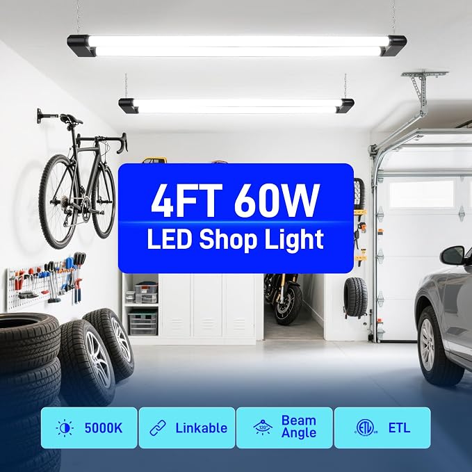hykolity 4FT 60W LED Shop Light,6500LM[450W Equivalent] 5000K Daylight | Plug-in Utility Linkable Shop Lights for Garage Workshop Warehouse Basement, Ceiling Hanging or Surface,Black,4 Pack