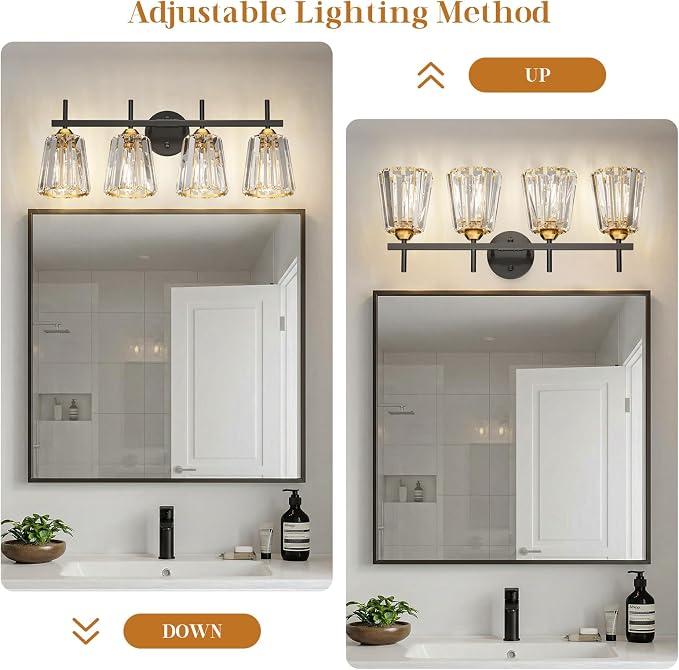 Crystal Bathroom Light Fixtures Over Mirror, Black Gold 4-Light Bathroom Vanity Lights Over Mirror Modern Wall Lighting Sconces with Ceramic E26 Base (Bulbs Not Include)