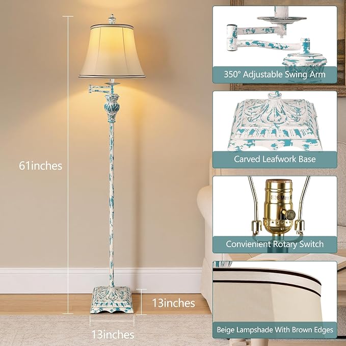 Vintage Floor Lamps for Living Room,Traditional 350° Adjustable Swing Arm Farmhouse Floor Lamp for Bedroom, Rustic Standing Lamp Pole Lamps for Reading, Home Décor and Office, Washed Blue