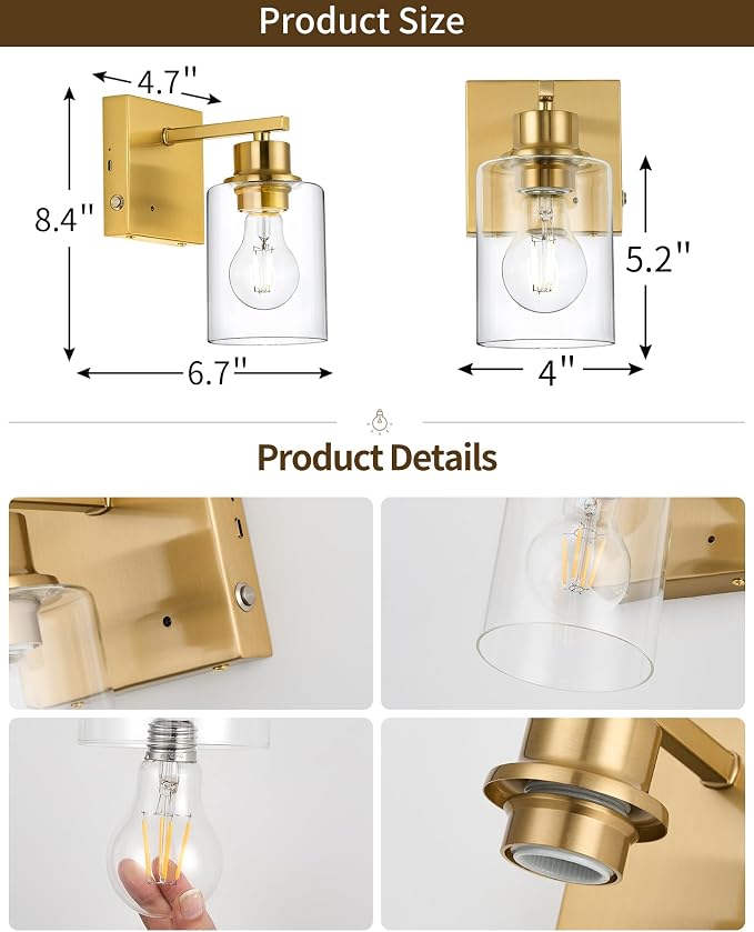 Rayogale Wireless Battery Operated Wall Sconce Set of 2 with Remote Control | Gold Dimmable Rechargeable Wall Lights with Timer, Easy Install Glass Lamp for Living Room Bedroom, Emergency 3000K