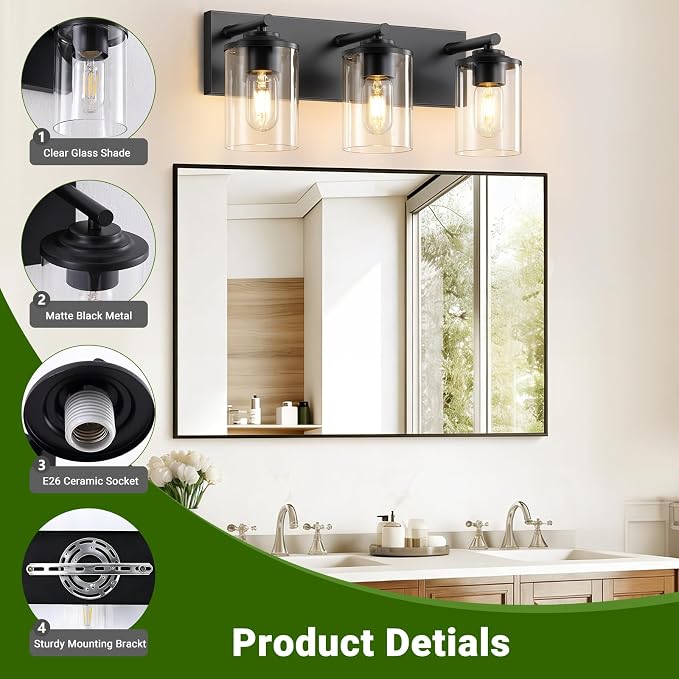 3-Light Bathroom Light Fixtures, Matte Black Bathroom Vanity Lighting Over Mirror with Clear Glass Shades, Modern Vanity Lights for Bath Wall Sconces Lamp for Powder Room, Bedroom, Hallway