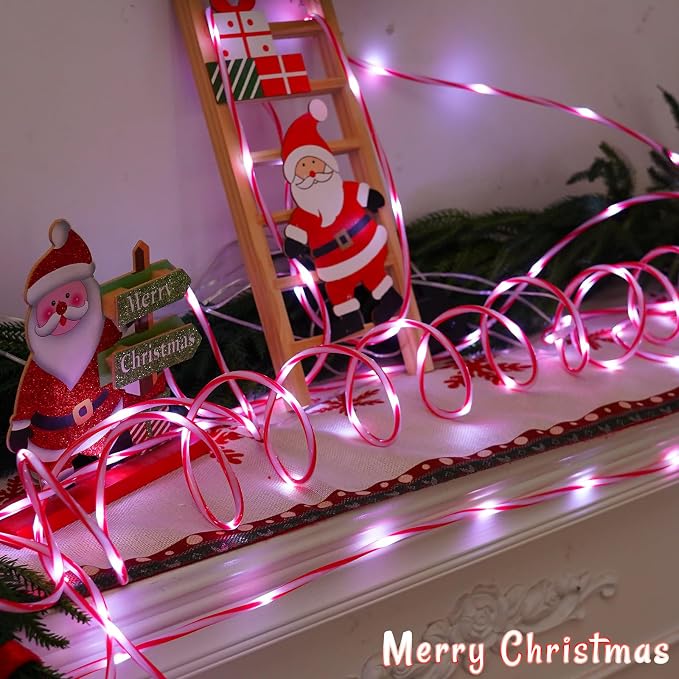YEGUO Solar Candy Cane Rope Lights Outdoor Waterproof, 2 Packs Each 33ft 100 LED String Light, 8 Modes Fairy Lights in Red & White Thin Tube Lights for Camping Fence Patio Garden Trampoline Deck