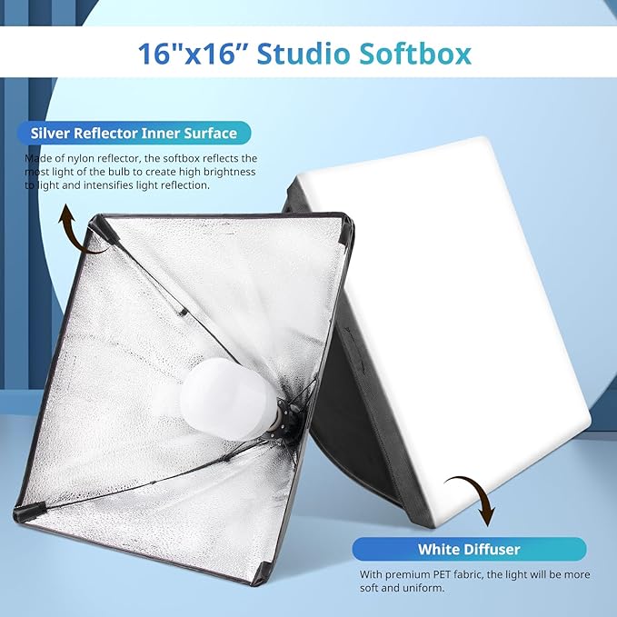 UBeesize Softbox Photography Lighting Kit, 16” x 16” Continuous Lighting Kit with 40W E27 Socket 6500K Bulb, Professional Photo Studio Lighting for Video Recording, Portrait Shooting