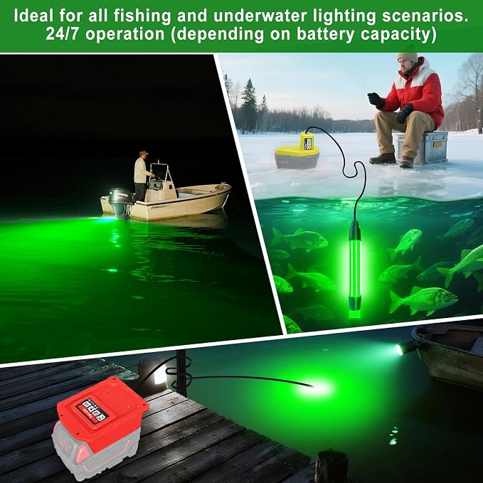 Underwater Fishing Light Compatible with Milwaukee M12 Battery | Fishing Lights LED Underwater For Crappie And Squid Attracting,13W,1512 lumens,Green Dock Light(No Battery)