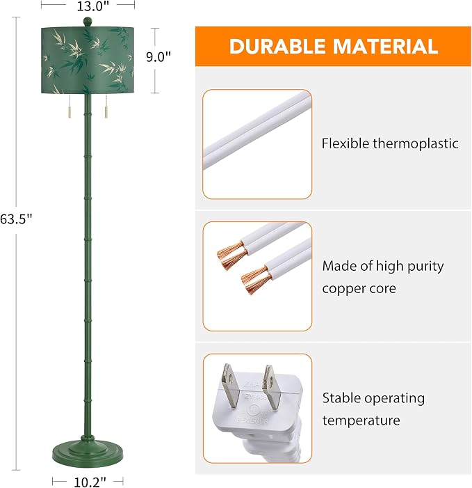 Upgraded 2-Light Mid Century Modern Green Floor Lamp for Living Room | 63.5'' Tall Floor Lamp with 3 Color Temp Bulbs, Living Room Lamp with Chain Switch, Standing Lamp for Bedroom, Office, Corner