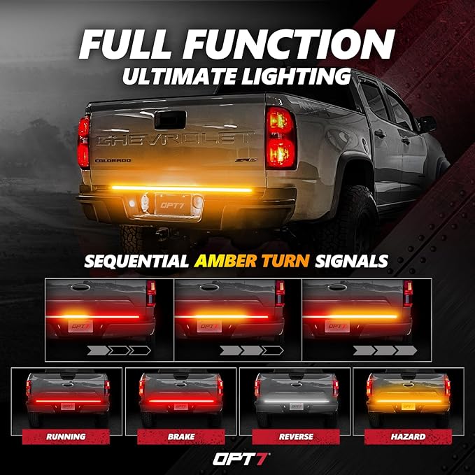 OPT7 Redline 48" Aluminum Truck Tailgate Light Bar w/Sequential Amber Turn - Weatherproof Rigid 1-Piece Triple Row LED Strip - Dynamic Taillight w/White Reverse - Fits Tacoma Colorado Frontier Canyon